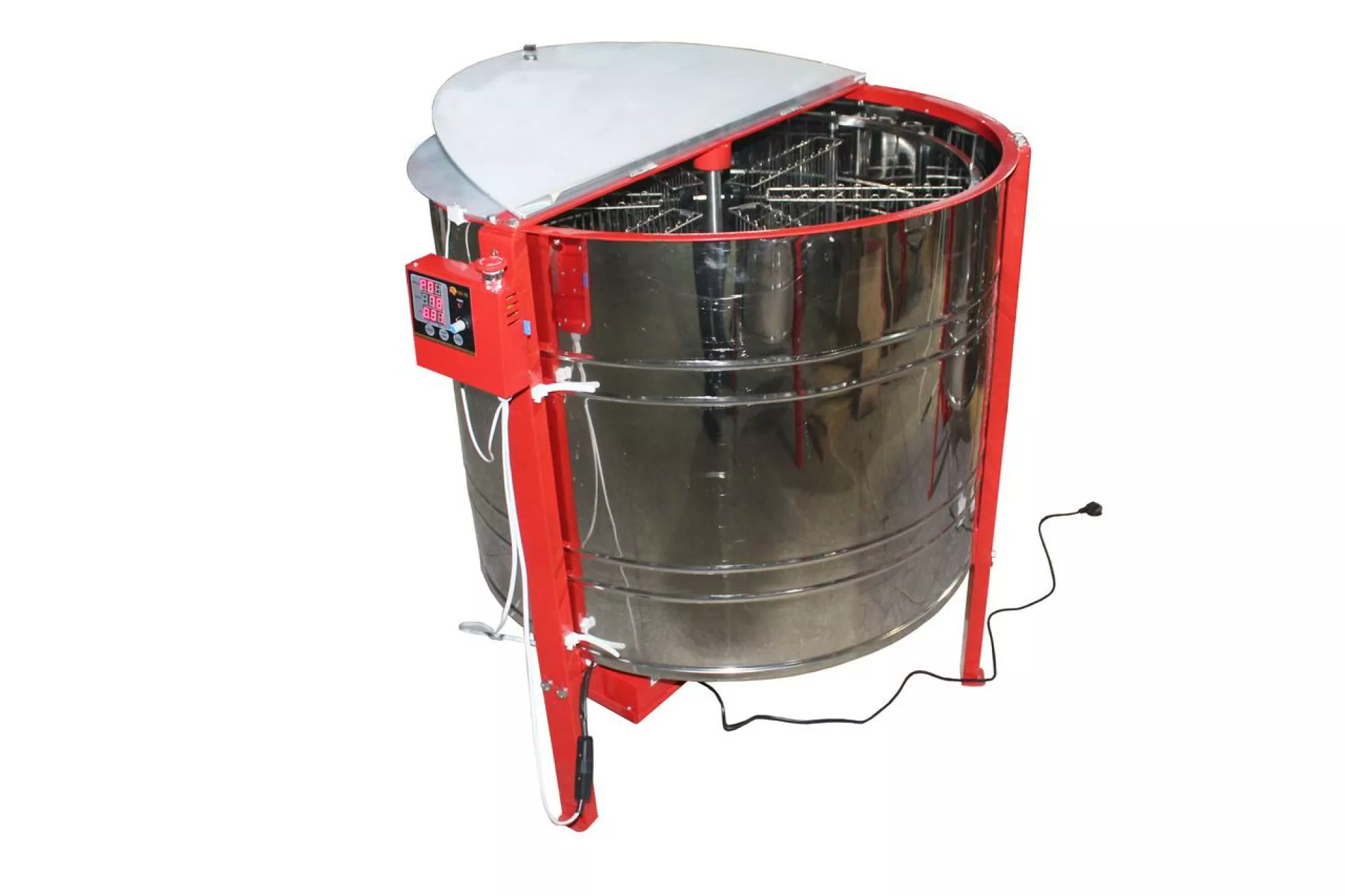 Медогонка 6-рамкова «ЄВРО» з поворотом касет, нержавіюча (ротор Н/Ж, з кришкою) під рамку «ДАДАН» — РЕМІННА