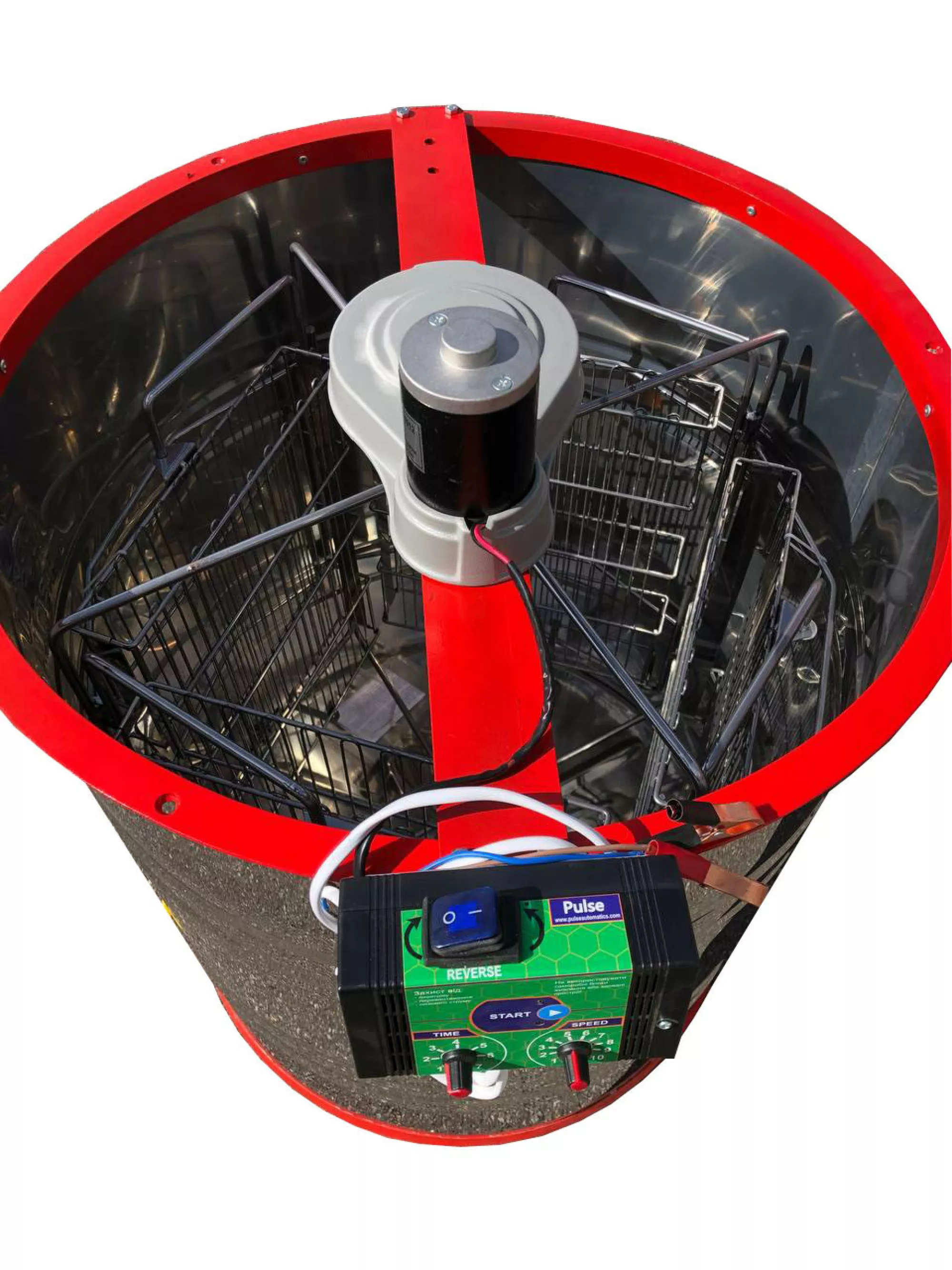 Медогонка 4-х Рамкову. Нержавіюча, Поворотна. Касети зварні, пофарбовані порошковою фарбою. З ЕЛЕКТРОПРИВОДОМ