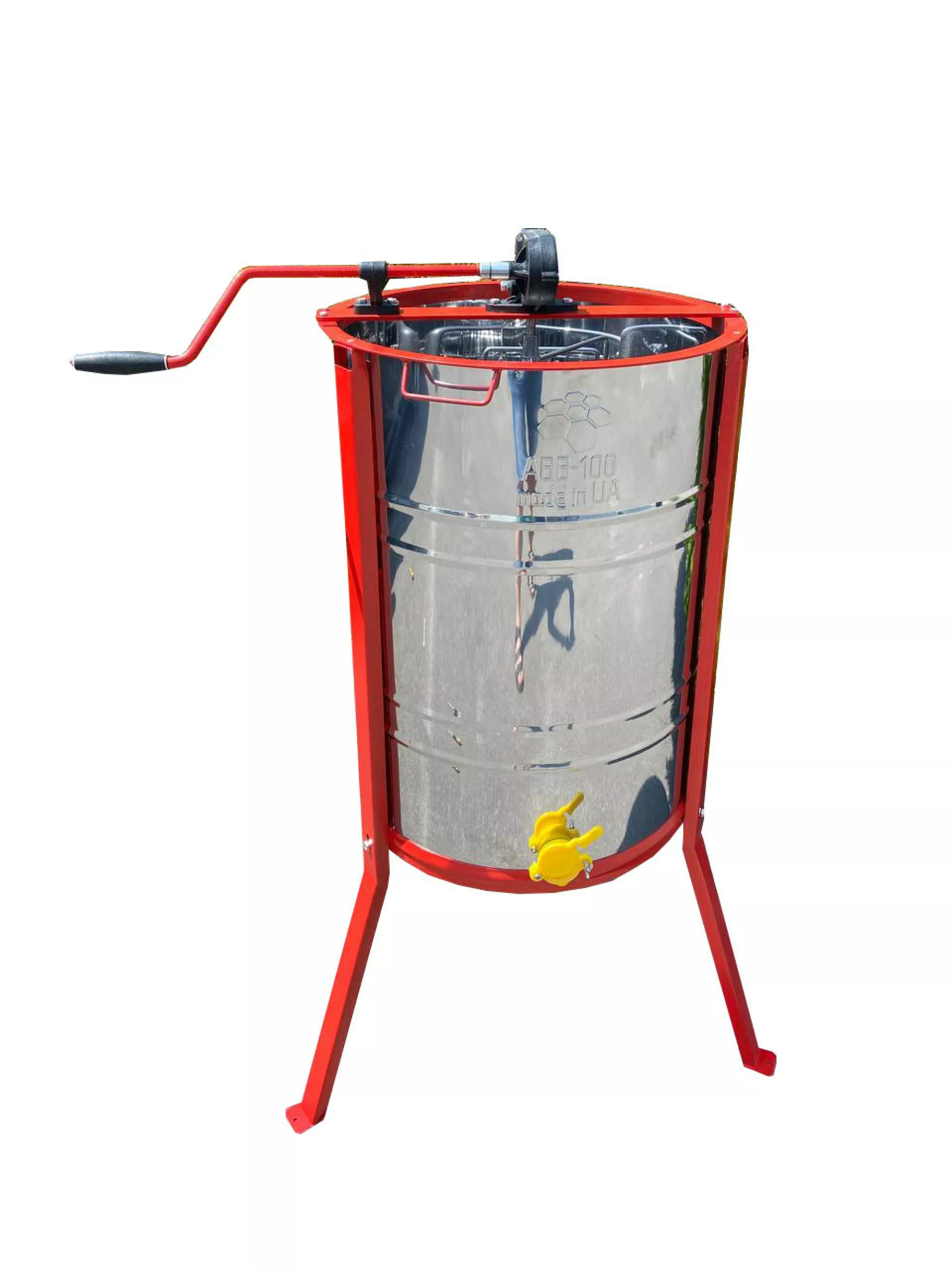 Нержавіюча медогонка з поворотом касет 2-х рамкова, касета зварена, пофарбована порошковою фарбою. З підставкою