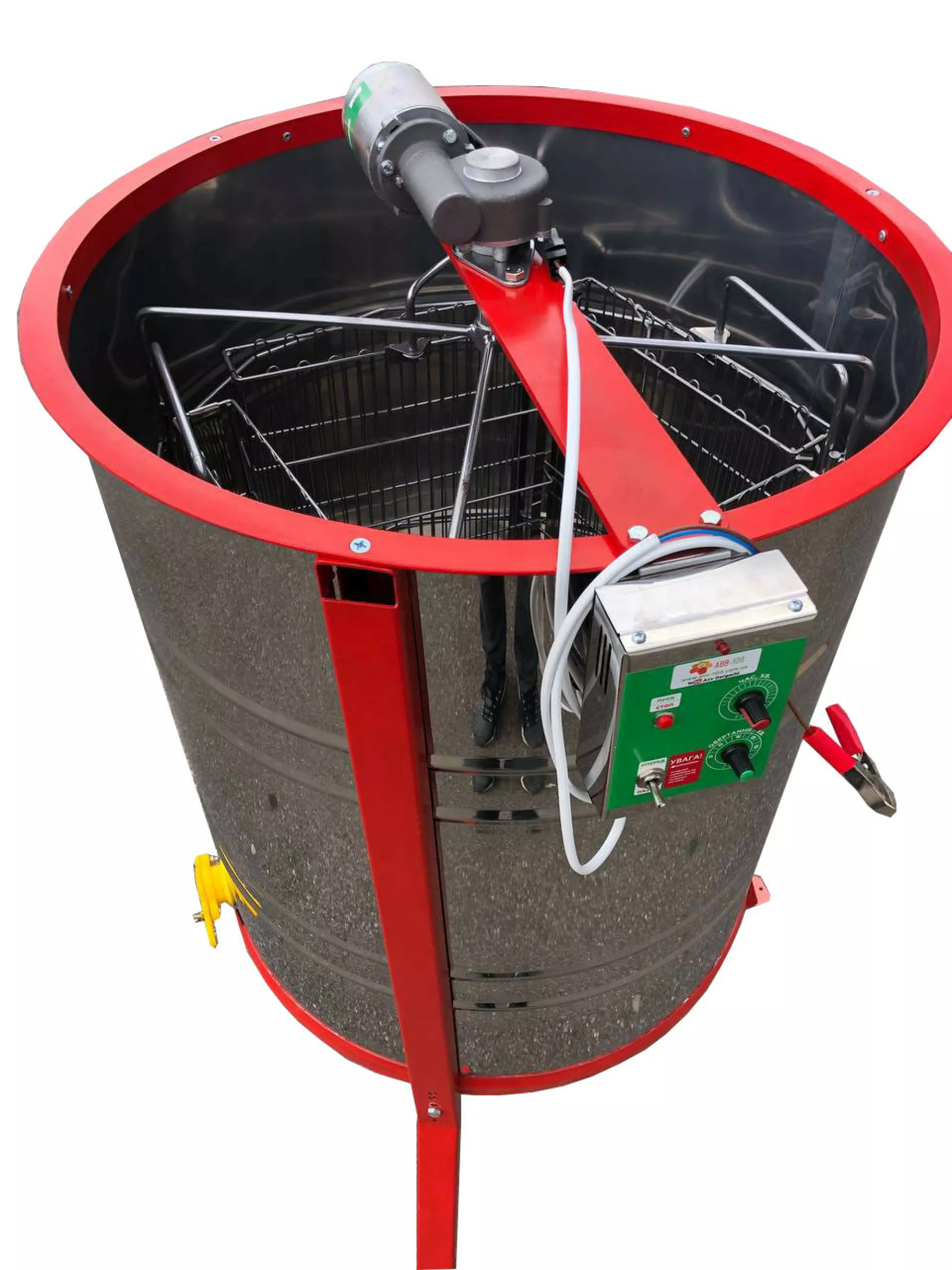 Медогонка 4-х Рамкову. Нержавіюча, Поворотна. Касети зварні, З ГОРИЗОНТАЛЬНИМ ЕЛЕКТРОПРИВОДОМ. З ПІДСТАВКОЮ