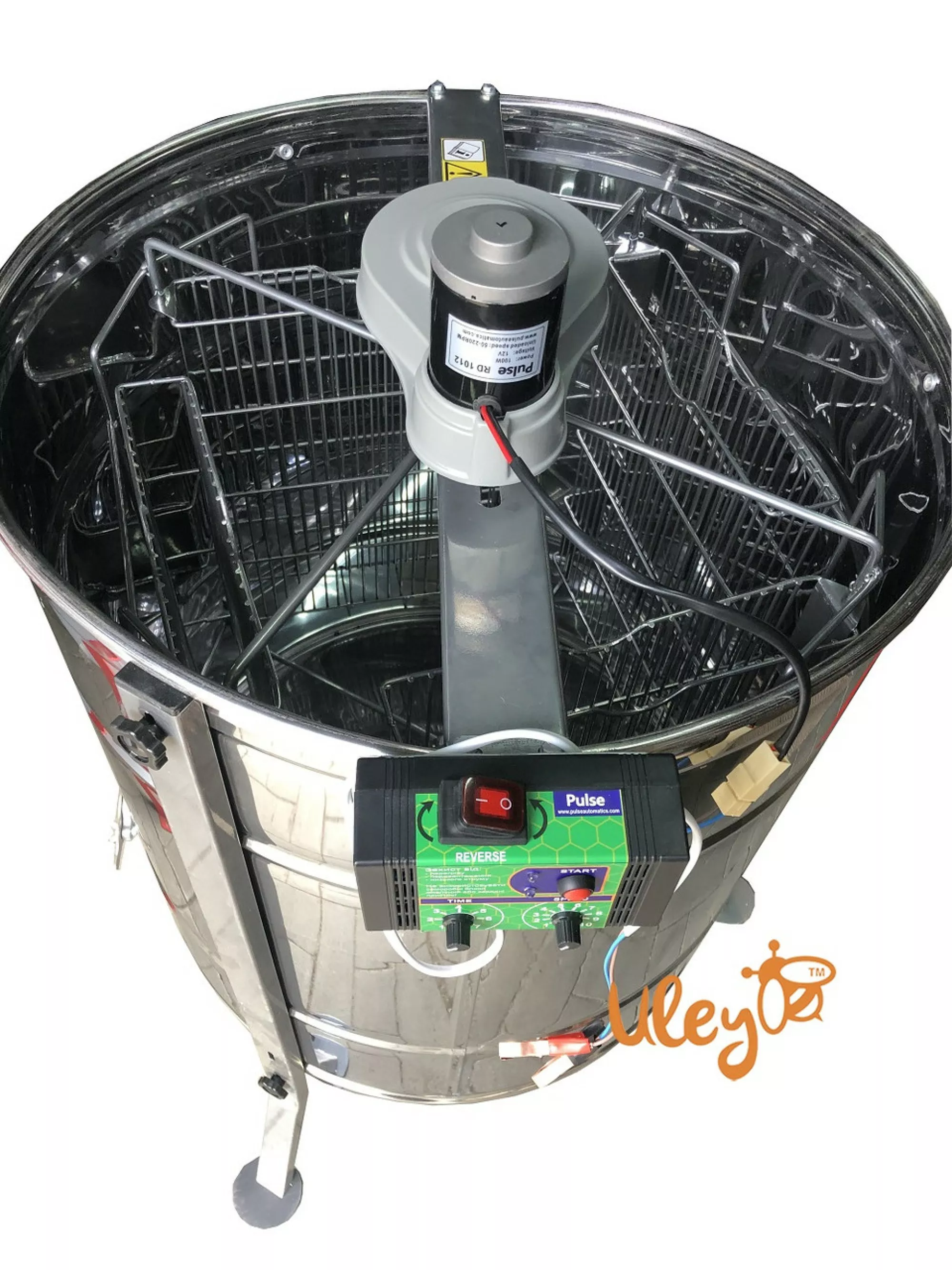 Нержавіюча медогонка 4-х рамкову, поворотна. Ремінний привід. З ПІДСТАВКОЮ. З ЕЛЕКТРОПРИВОДОМ "Pulse"